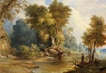 Scène de rivière avec pêcheurs, la Leadon, Gloucestershire, vers 1880