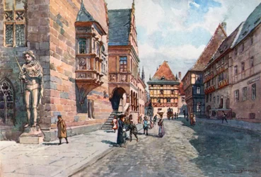 Rue et hôtel de ville de Halberstadt (lithographie couleur)