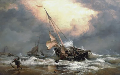Pêcheurs tirant leurs bateaux sur le rivage de la mer du Nord, près de Scheveningen (Hollande)
