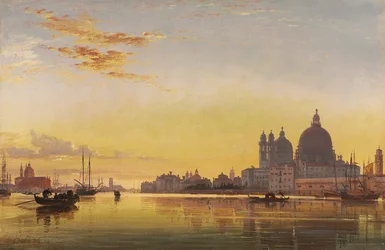 Coucher de soleil sur la lagune de Venise, église de l