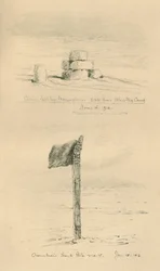 Cairn laissé par les Norvégiens et marque du pôle Sud d