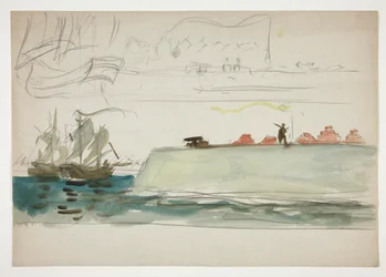 Bateaux en mer : cuirassé au premier plan, voilier au loin - (illustration non identifiée)