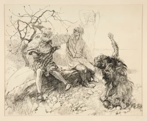 Caliban, Stephano et Trinculo (Ariel invisible), illustration pour Acte II, Scène ii, La Tempête