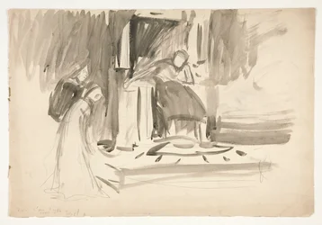 Figure sur un trône, flanquée de deux figures, croquis pour une pièce de Shakespeare non identifiée