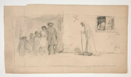 Groupe de figures devant une maison en pierre - illustration non identifiée