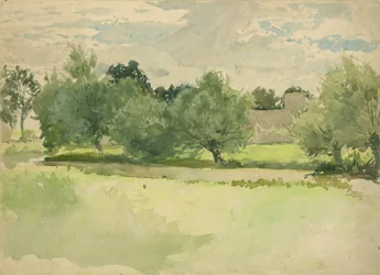 Paysage : Prairie. Église en arrière-plan