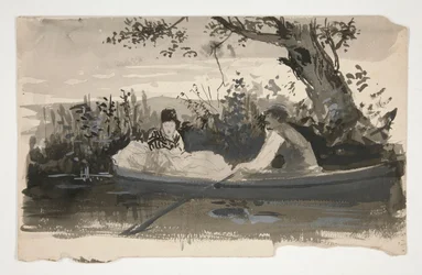 Homme et femme dans une barque, près de la rive - illustration non identifiée