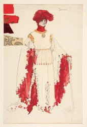 Richard II (en rouge), croquis de costume pour Henry Irving