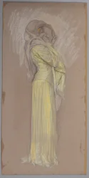 Étude, Femme en robe jaune avec voile brun sur le visage