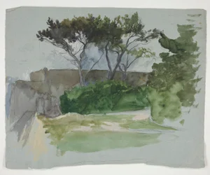 Étude de paysage avec arbres et mur de pierre