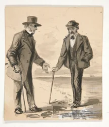 Deux hommes conversant sur le rivage - illustration non identifiée