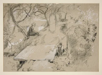 Femme assise sur un banc dans un jardin ou un parc public - illustration non identifiée