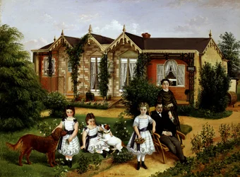 Alma Cottage 1874. Portrait de famille dans un jardin devant une maison de campagne. Peinture de Edwin Frederick Holt (19eme siecle-vers 1910 British) Collection privee