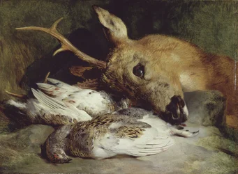Tête de chevreuil et deux lagopèdes