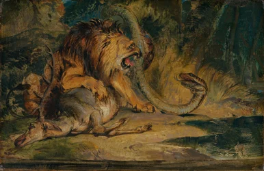Lion défendant sa proie, vers 1840