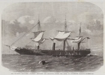 Le navire de troupe de Sa Majesté Transit, réaménagement et réception de fournitures pour la Chine dans le port de Portsmouth