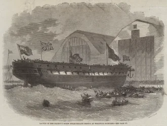 Lancement de la frégate à vapeur à vis de Sa Majesté Bristol au chantier naval de Woolwich