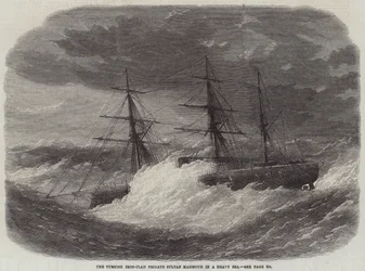 La frégate cuirassée turque Sultan Mahmoud dans une mer agitée