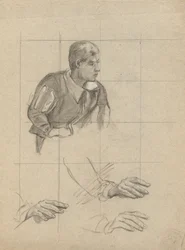 Homme assis et étude de mains, esquisse pour la signature du pacte dans la cabine du Mayflower