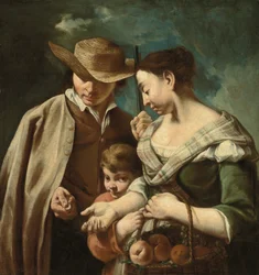 Un vendeur de fruits et un jeune garçon, avec un panier de pêches, poires et raisins, dans un paysage, avec un homme tenant un fusil et une pièce de monnaie