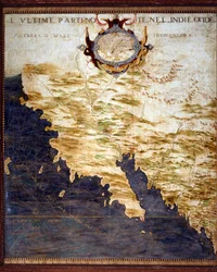 Frontière des Indes occidentales et terres inconnues. Carte réalisée par Egnazio Danti (1536-1586), mathématicien, cosmographe et architecte italien. Vers 1567. Florence, Palazzo Vecchio, Sala del Mappamondo