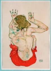 Nu féminin assis sur une draperie rouge, vue de dos (gouache, aquarelle et crayon)