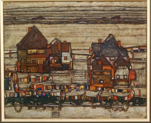 Maisons et linge coloré, banlieue, aussi Deux pâtés de maisons avec des cordes à linge ...