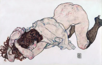 Jeune fille agenouillée, appuyée sur les deux coudes - 1917 - 28,7x44,3 - Leopold Museum, Vienne