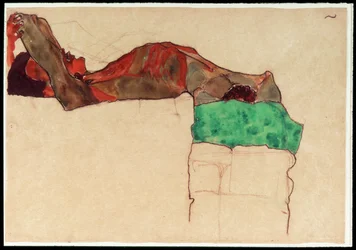 Nu masculin couché avec tissu vert [Reclining Male Nude with Green Cloth] (watercolor and charcoal)