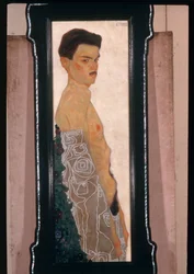 Autoportrait nu avec draperie ornementale ... (huile et peinture métallique)