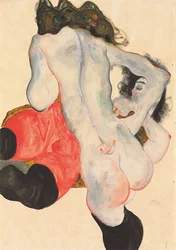 Femme allongée en pantalon rouge et nu féminin debout, 1912