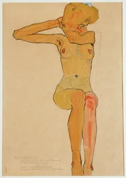 Nu féminin assis avec le bras droit levé