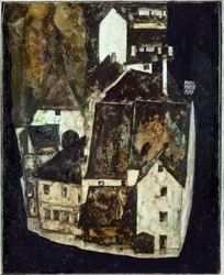 Tote Stadt III (Stadt am blauen Fluss III) [Ville morte Iii (Ville sur la rivière bleue III)], ... (huile et gouache sur bois)