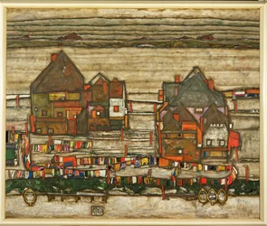 Deux coins de maison avec des toiles à linge ou : Banlieue (oil on canvas)