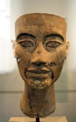 Buste de Néfertiti (c1370- c1330 av. J.-C.) Grande Épouse Royale du pharaon égyptien Akhenaton. Néfertiti et son mari étaient connus pour une révolution religieuse. Ils ont commencé à adorer un seul dieu, Aton, le disque solaire