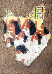 Antiquité égyptienne : fresque de la tombe du peintre Maia, un groupe de pleureuses. 18e dynastie. De la chapelle de Maia, Deir el-Medineh (el Medineh), Nouvel Empire Dim. 67 cm Turin, musée égyptien