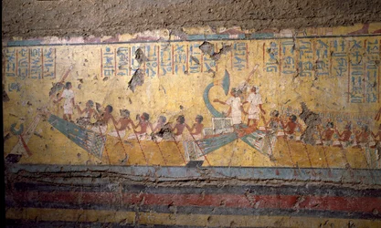 Antiquité égyptienne: fresque de la tombe du peintre Maia, pèlerinage en bateau à Abydos, citation d