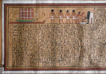 Antiquité égyptienne : le transport du catafalque à la tombe. Papyrus. Livre des Morts de Kha. XVIIIe dynastie