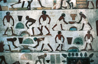 Opérations de fonderie, mur sud de la tombe de Rekhmire, Nouvel Empire (peinture murale)