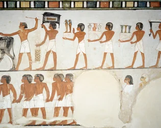 Procession funéraire, détail des fresques dans la chapelle de la tombe de Menna, Nécropole de Sheikh Abd el Qurnah, Louxor, Thèbes (Liste du patrimoine mondial de l
