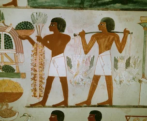 Hommes portant des fruits et de la nourriture pour les défunts