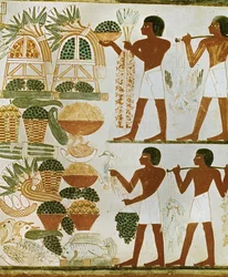 Hommes portant des fruits et de la nourriture pour les défunts