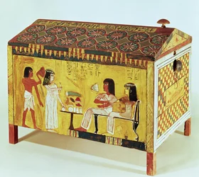 Coffre peint avec une scène de banquet de la tombe de Kha (c.1390-52 av. J.-C.) trouvé à Deir el-Medina, Nouvel Empire (bois)