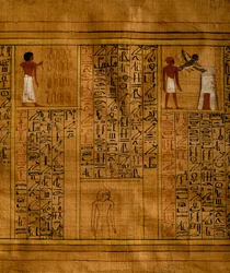 Portion du Livre des Morts avec texte en colonnes verticales de hiéroglyphes et inserts contenant des illustrations polychromes