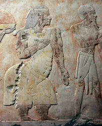 Reine de Pount, scène de détail représentant une expédition au pays de Pount, relief peint, colonnade de Pount, temple funéraire d