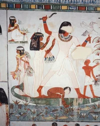 Scène de chasse et de pêche dans les marais, fresque, mur nord, chambre longitudinale, Tombe thébaine TT69, Sheikh Abd el-Qurna, Thèbes (Liste du patrimoine mondial de l