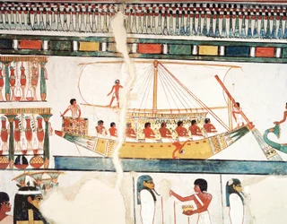 Le navire solaire, détail du pèlerinage à Abydos, fresque, mur nord, grande salle à manger, Tombe thébaine TT69, Sheikh Abd el-Qurna, Thèbes (Liste du patrimoine mondial de l