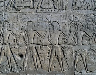 Personnages symbolisant les districts miniers apportant leurs tributs au dieu, relief, Cour de Ramsès II, Temple d