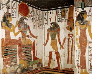 Néfertari est conduite devant le dieu Rê-Horakhty par Horus, de la tombe de Néfertari, Nouvel Empire