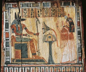 Boîte en bois peinte représentant le défunt et le dieu Anubis, pour les shabtis de Tamutnofret
